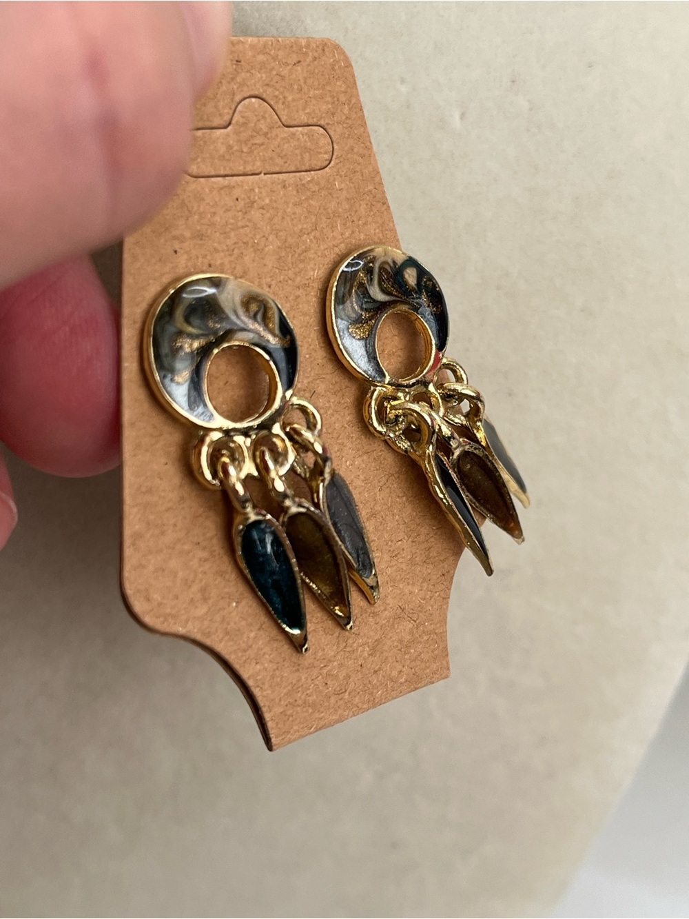 Vintage Made In USA Enamel and Gold Tone Dangle Post Earrings blue white